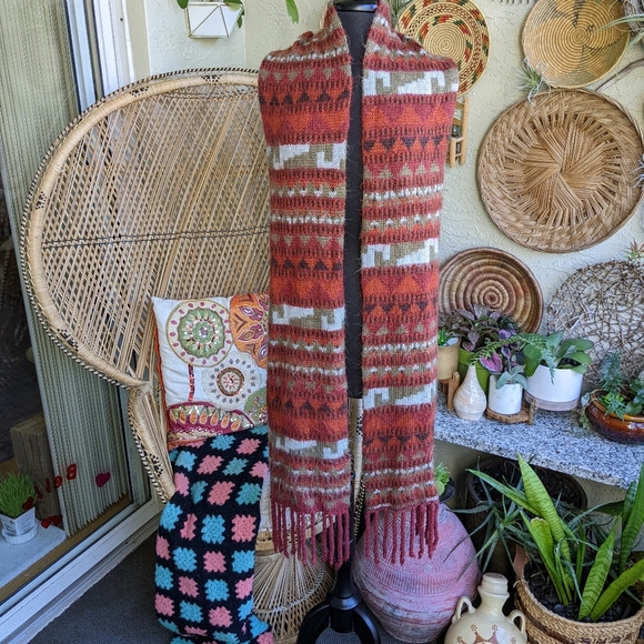 Urban Outfitters Rust Orange Red Winter Scarf Super Long Aztec Fuzzy Knit - Picture 3 of 16